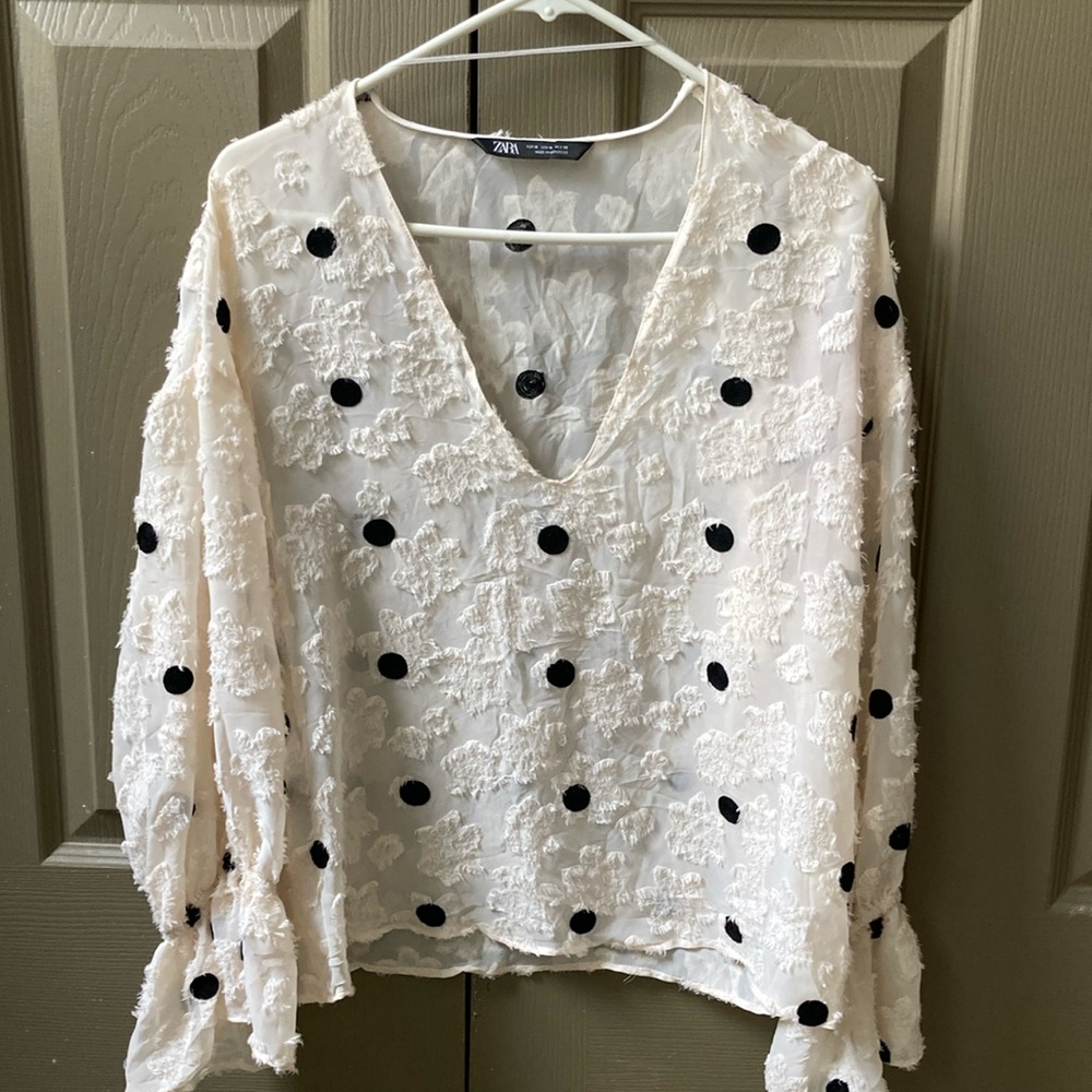 Zara Cream and Black Polka Dot Women's Top
